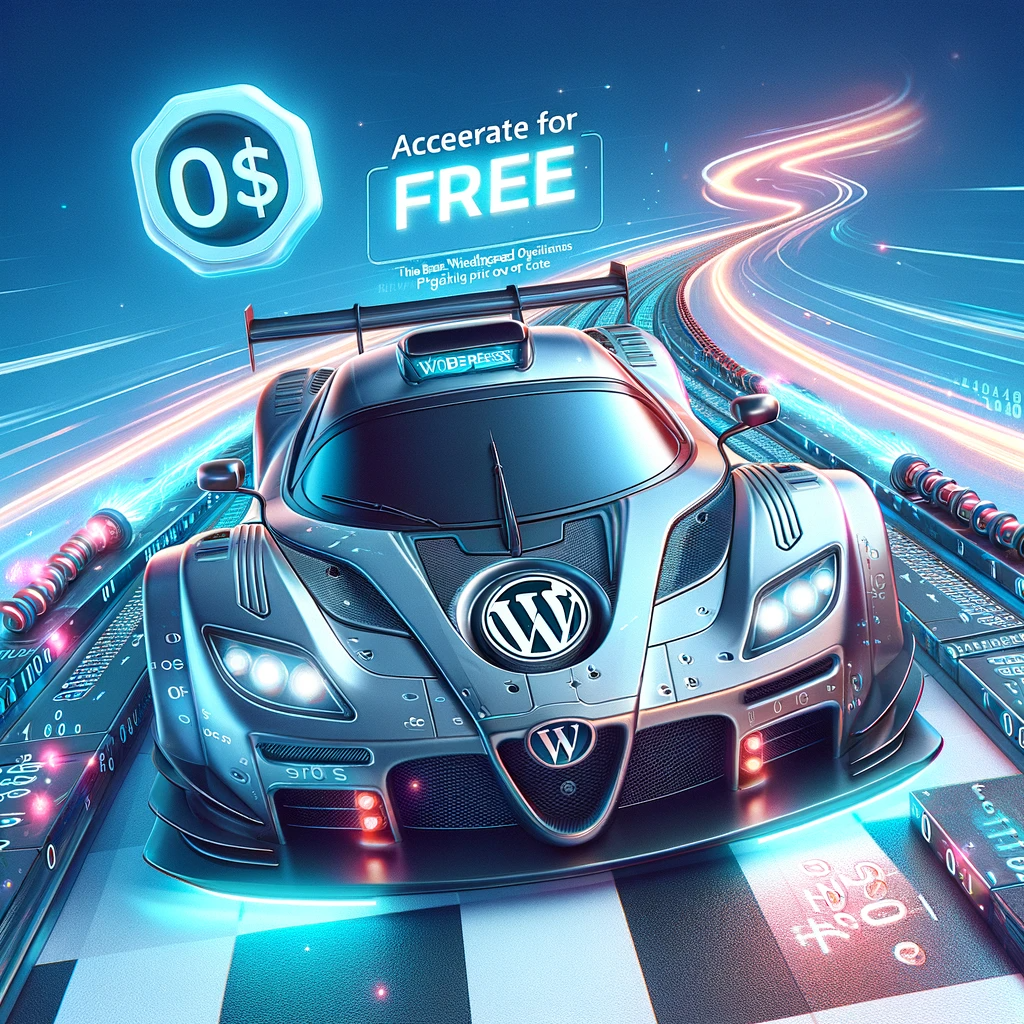 A race car with the WordPress logo speeds on a digital track with 'Free' symbols, leaving a trail of light and binary code, under a 'FREE' banner.